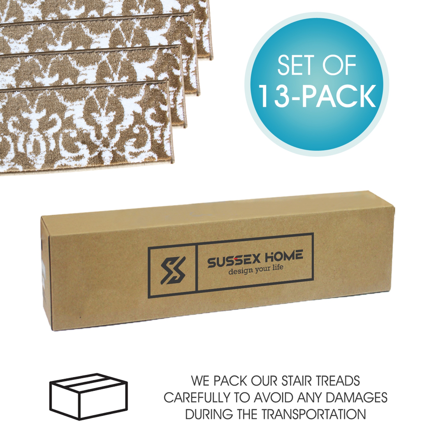 SussexHome Stair Treads - Carpet Strips for Indoor Stairs - Easy to Install with Double Adhesive Tape - Safe, 9" X 28" - 13-Pack - Beige