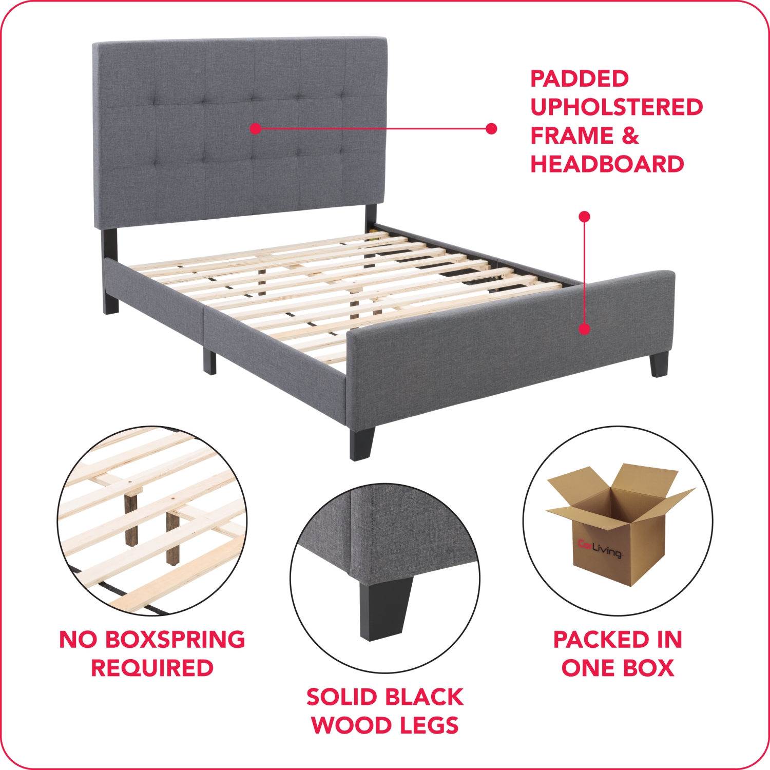 CorLiving Ellery Grey Fabric Tufted Bed, Double