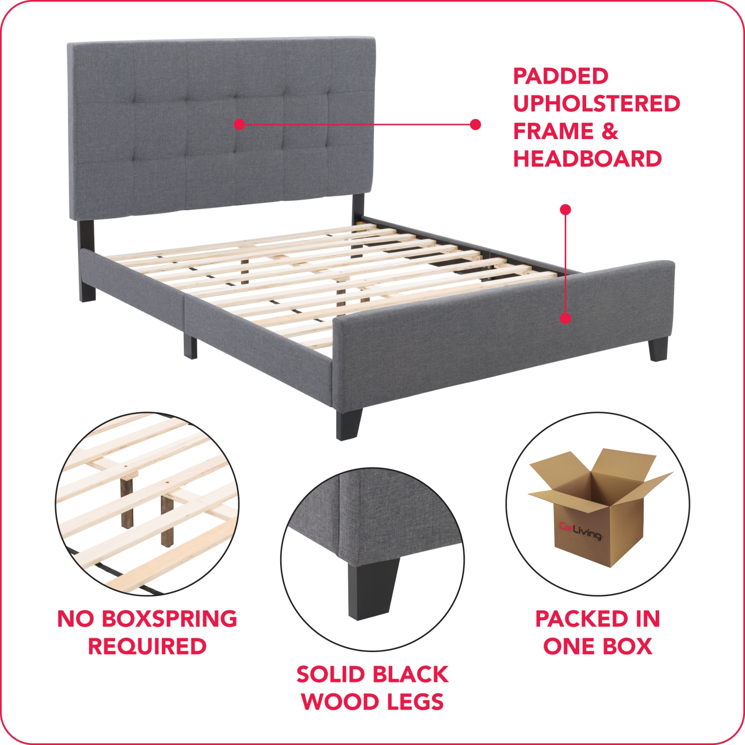 CorLiving Ellery Grey Fabric Tufted Bed, Queen