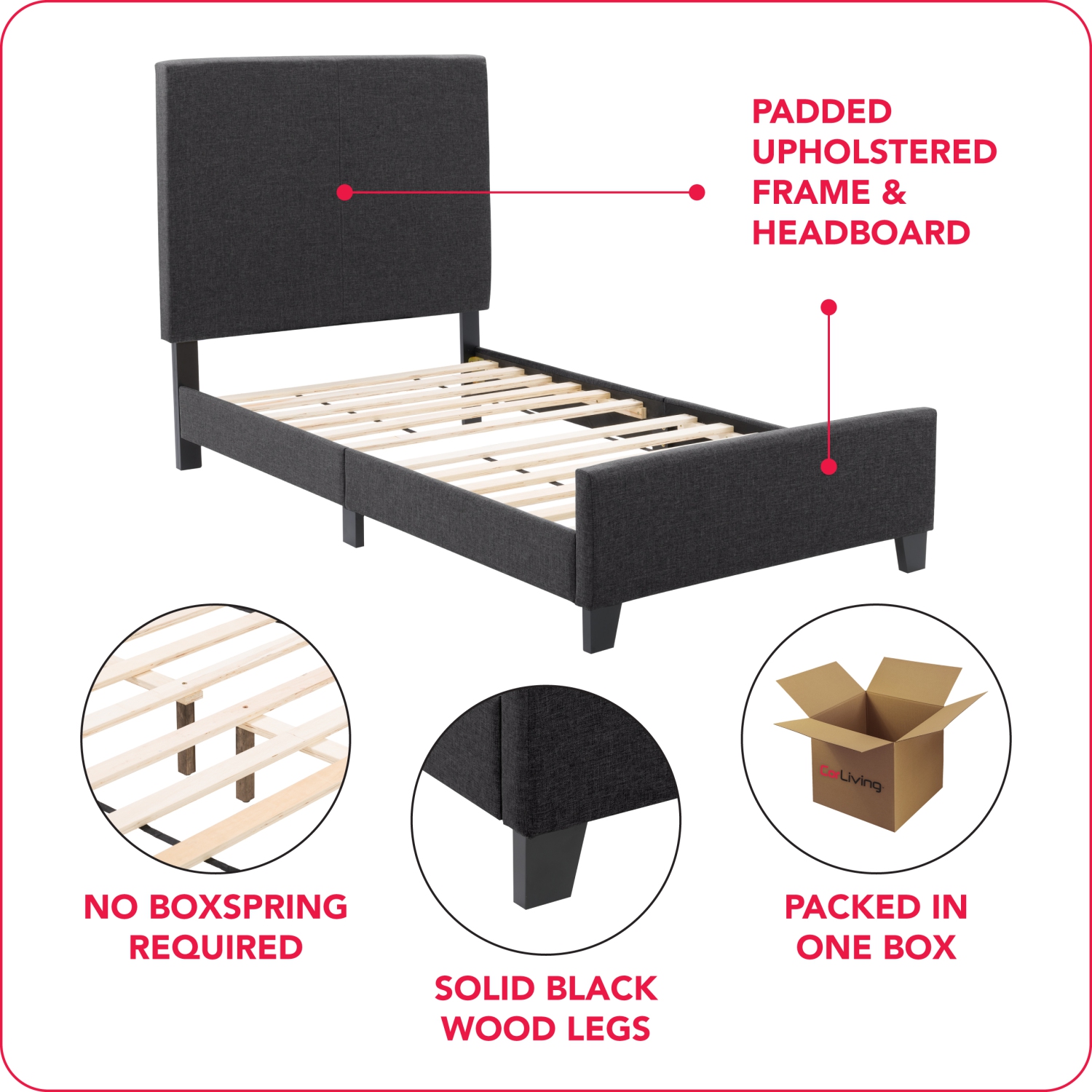 CorLiving Juniper Charcoal Fabric Upholstered Bed, Single