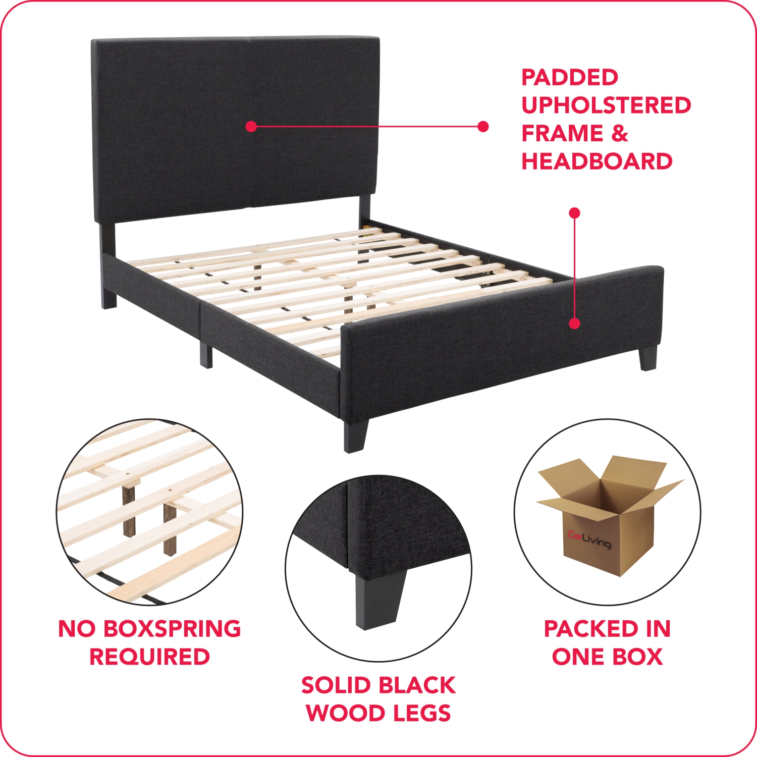 CorLiving Juniper Charcoal Fabric Upholstered Bed, Double