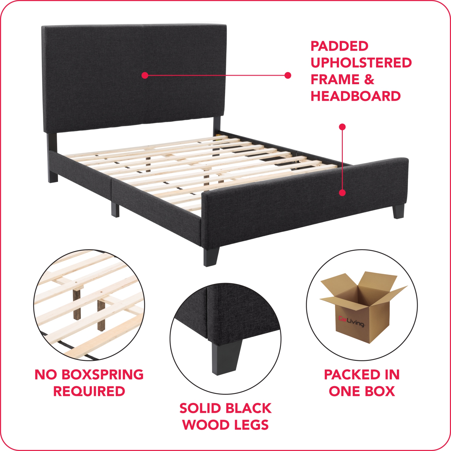 Lit recouvert en tissu anthracite Juniper de CorLiving, grand lit