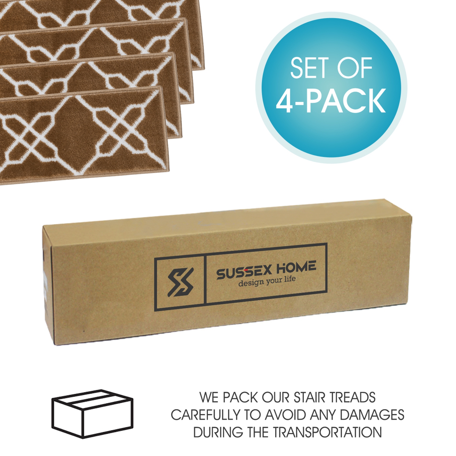 SussexHome Stair Treads - Carpet Strips for Indoor Stairs - Easy to Install with Double Adhesive Tape - Safe, 9" X 28" - 4-Pack - Beige