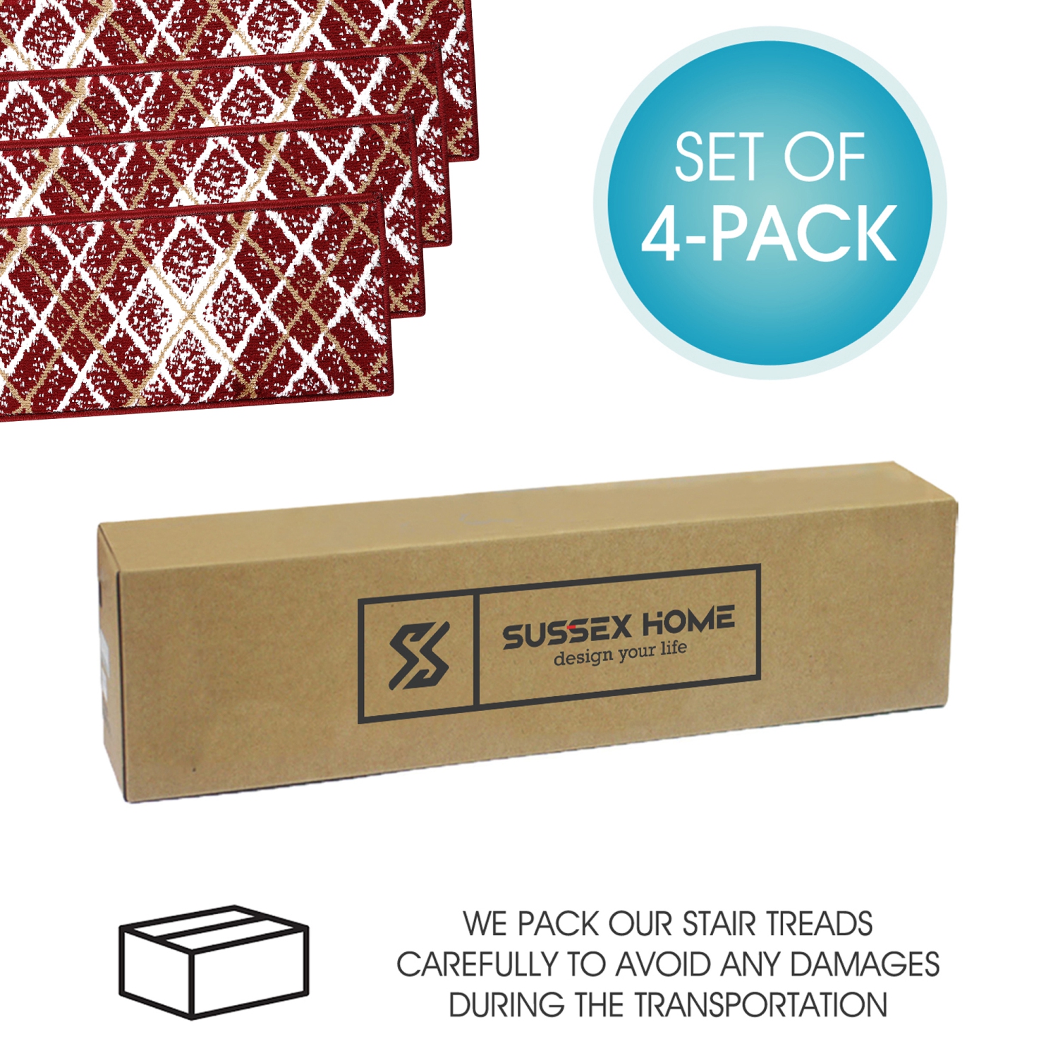 SussexHome Stair Treads - Carpet Strips for Indoor Stairs - Easy to Install with Double Adhesive Tape - Safe, 9" X 28" - 4-Pack - Red