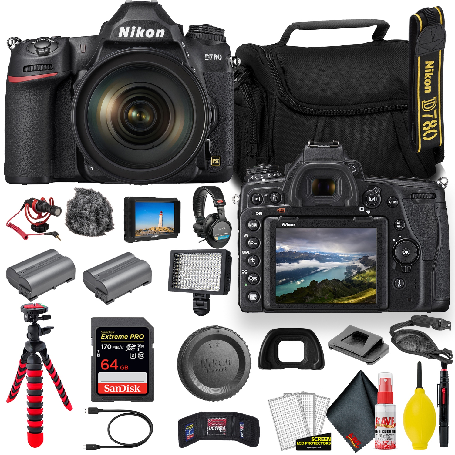 Refurbished (Good) - Nikon D780 24.5 MP Full Frame DSLR Camera with 24-120mm Lens (1619) - Video Bundle - W/ Sandisk Extreme Pro 64GB Card + Rode Mic + 4K Screen + Headphones + Ex