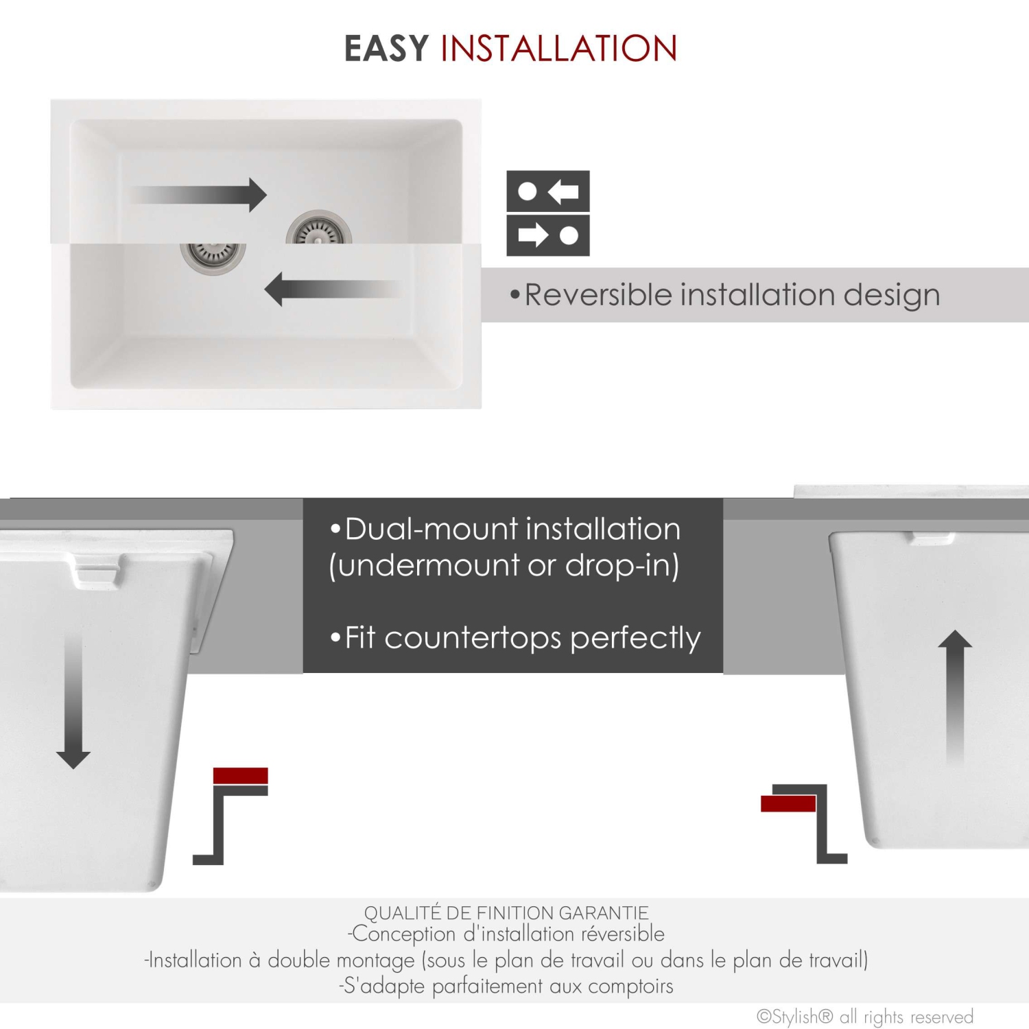 STYLISH 25 inch White Single Bowl Dual Mount Composite Granite Utility Sink S-825H