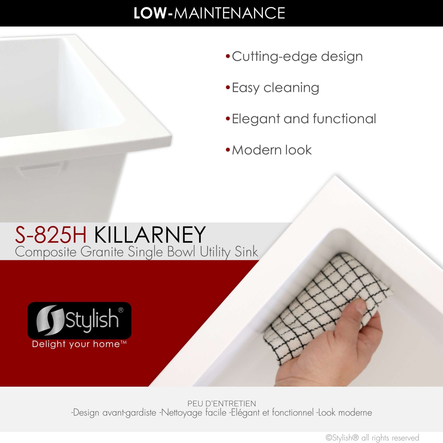 STYLISH 25 inch White Single Bowl Dual Mount Composite Granite Utility Sink S-825H