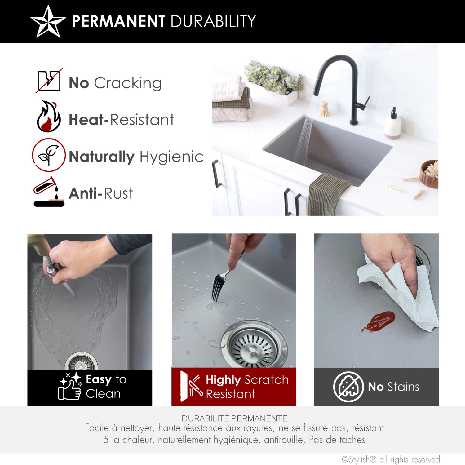 STYLISH 25 inch Gray Single Bowl Dual Mount Composite Granite Utility Sink S-825L