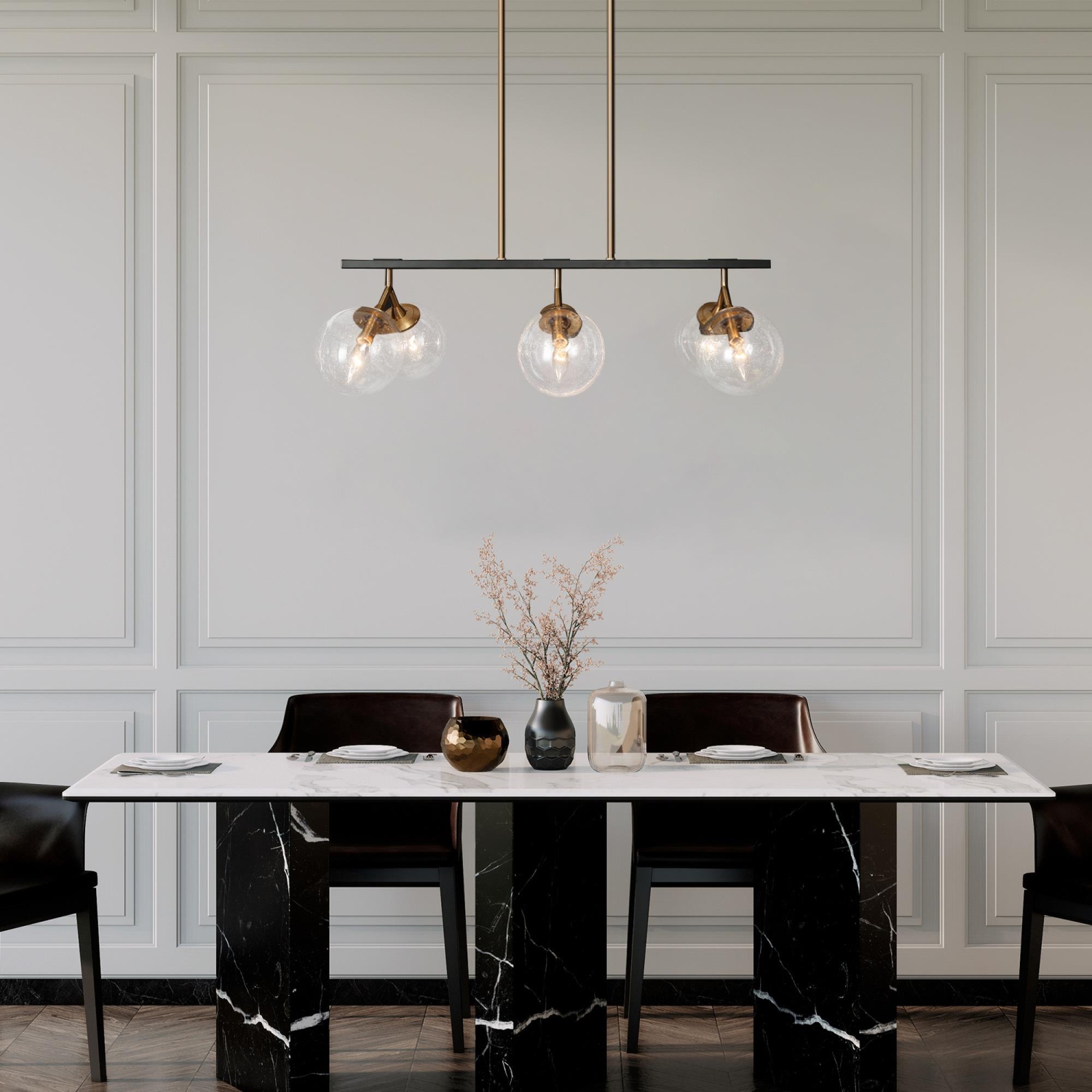 Lustre noir de ferme moderne, lustre d'île de salle à manger noir et laiton doré à 6 lumières avec abat-jour en verre granuleux