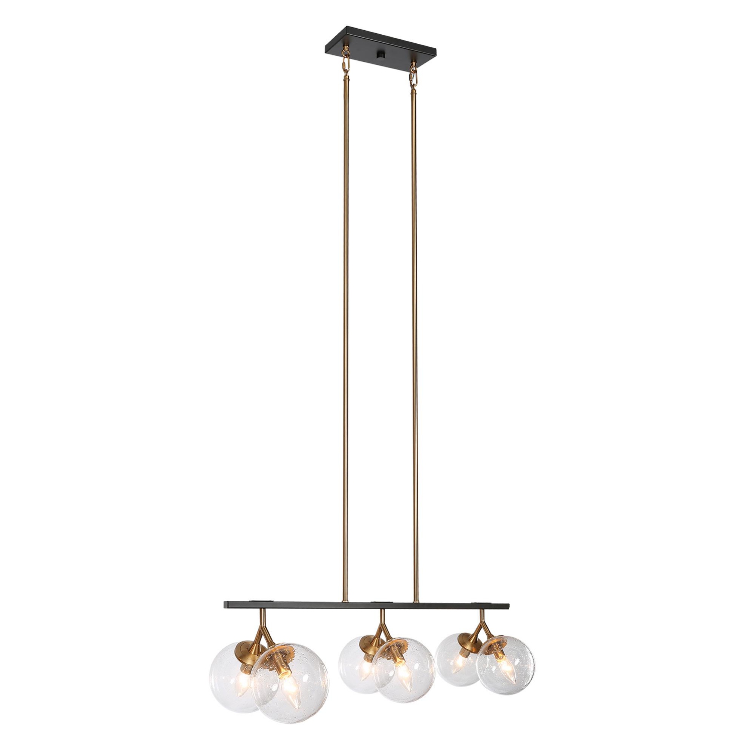 Lustre noir de ferme moderne, lustre d'île de salle à manger noir et laiton doré à 6 lumières avec abat-jour en verre granuleux