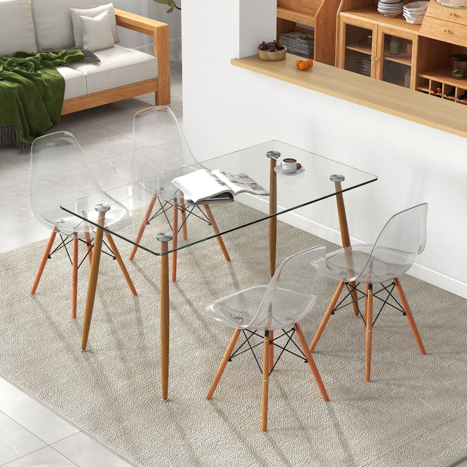 Gymax Modern 5-Piece Dining Table Set w/ Rectangle Glass Table & 4 Transparent Chairs