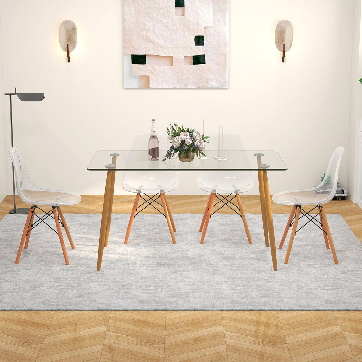 Gymax Modern 5-Piece Dining Table Set w/ Rectangle Glass Table & 4 Transparent Chairs