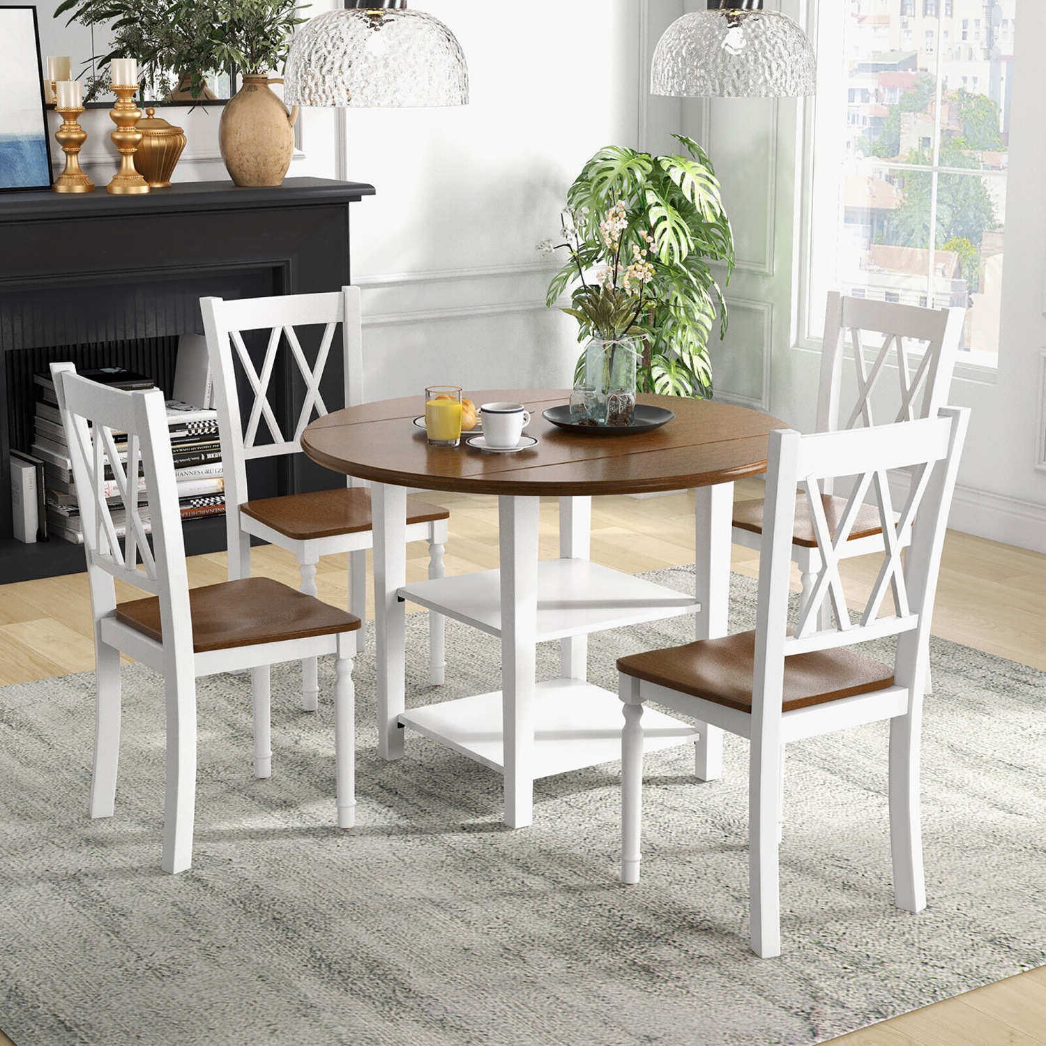 Gymax 5 Piece Round Dining Kitchen Set w/ Drop Leaf Dining Table Folded & 4 Chairs