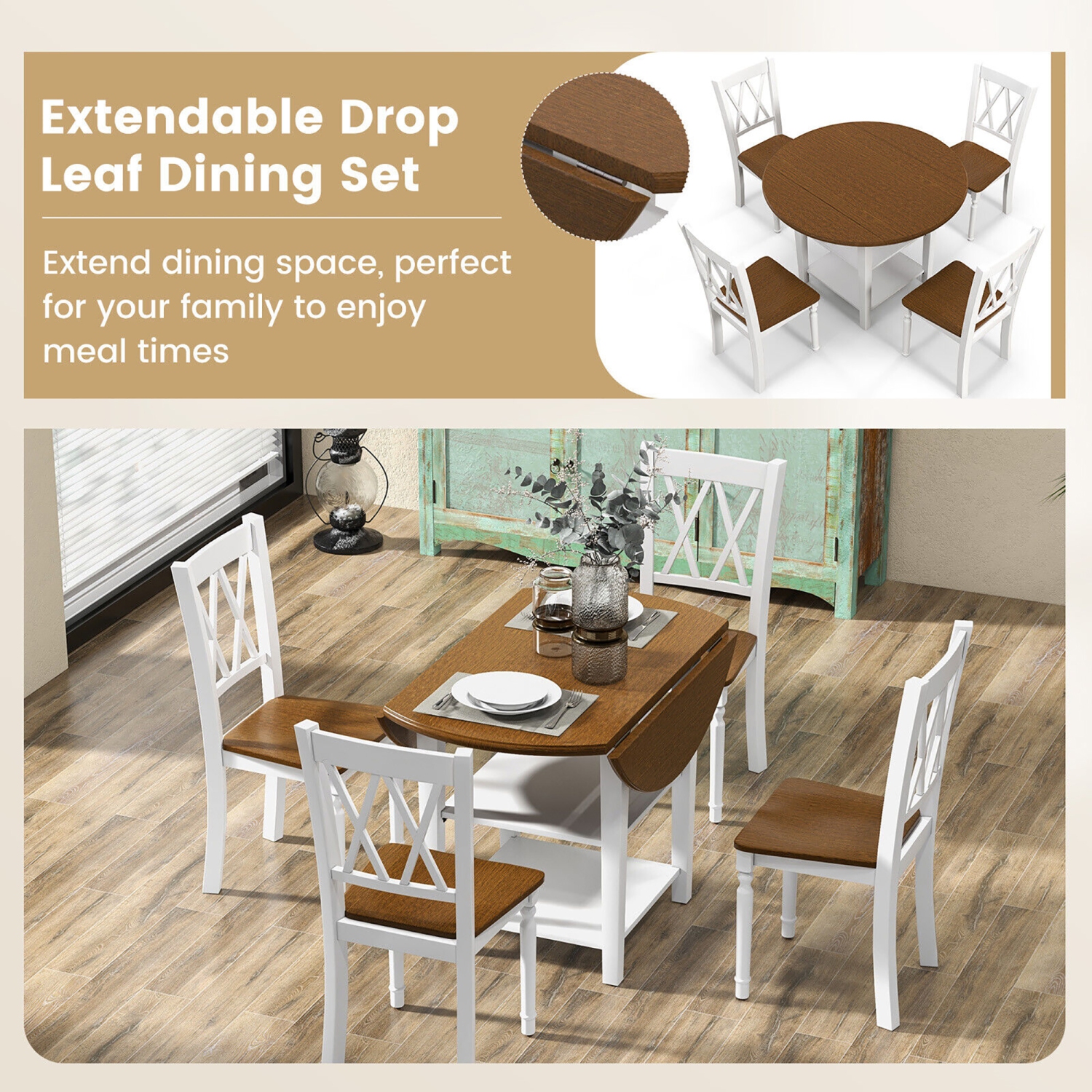 Gymax 5 Piece Round Dining Kitchen Set w/ Drop Leaf Dining Table Folded & 4 Chairs