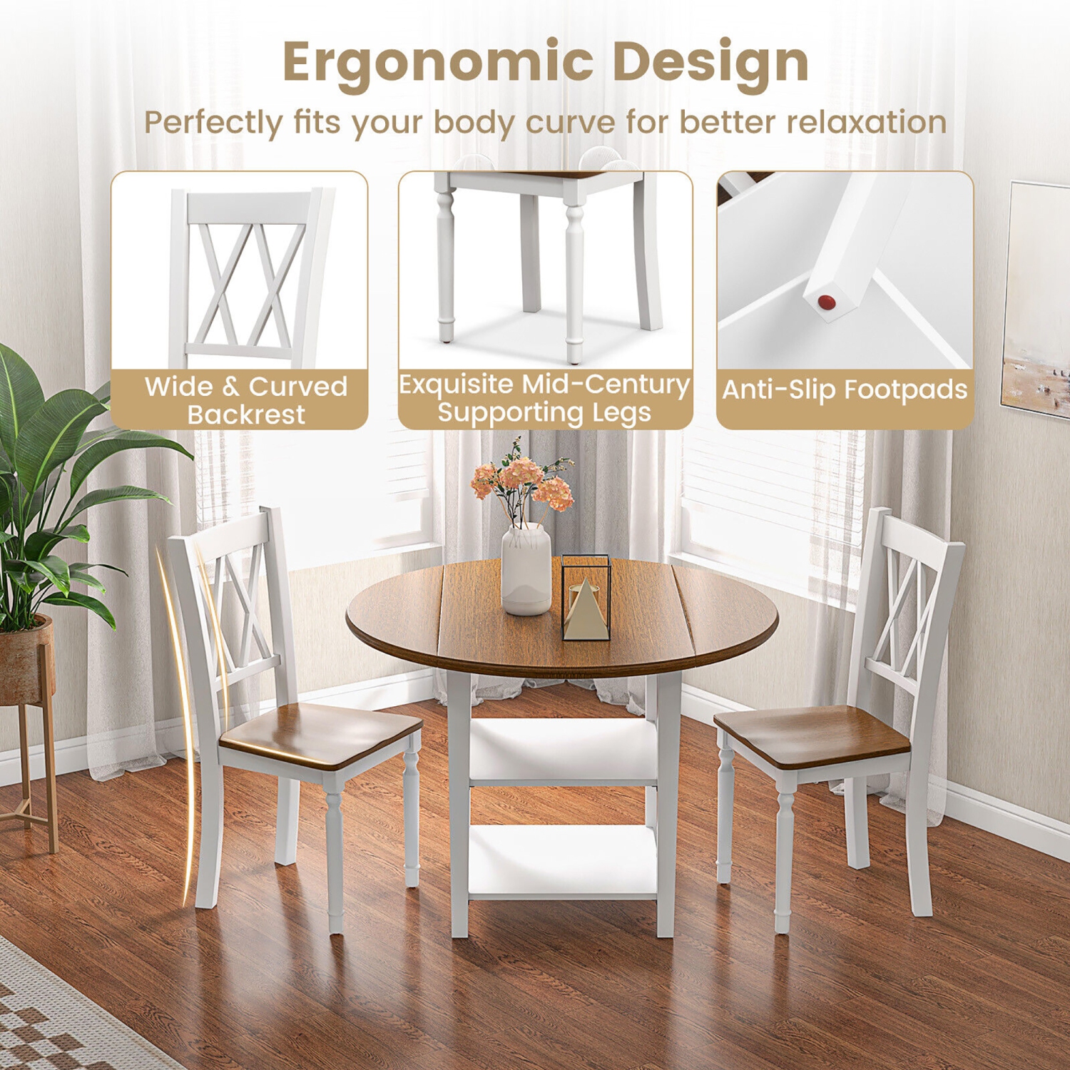 Gymax 5 Piece Round Dining Kitchen Set w/ Drop Leaf Dining Table Folded & 4 Chairs