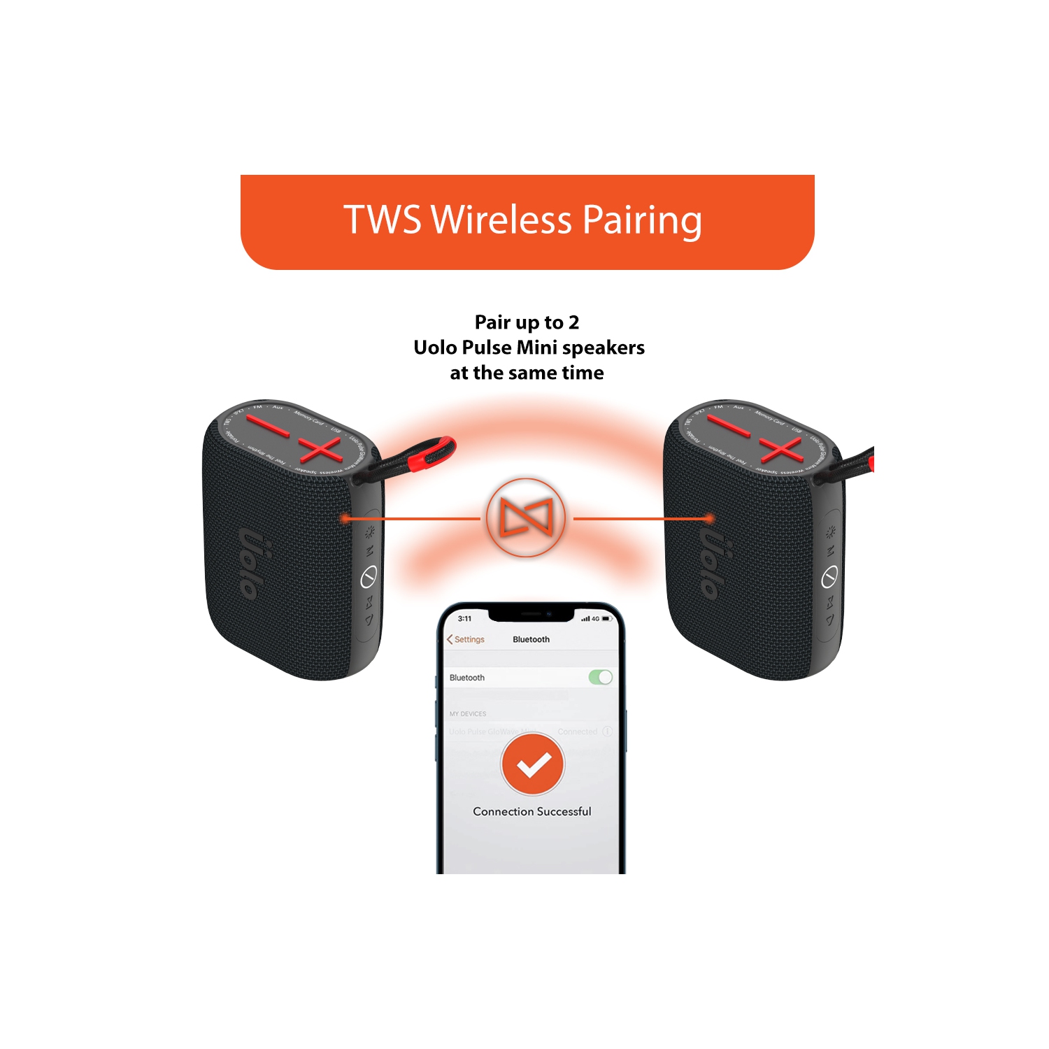 Uolo Pulse GloWave Mini Portable Bluetooth Wireless Speaker, IPX7 Waterproof Bluetooth Speaker/FM Radio Portable Speaker - Black/Red