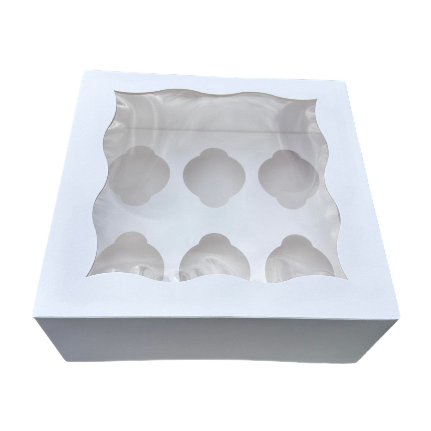 Boîte à petits gâteaux avec fenêtre blanche avec insertion – 6 fentes – Paquet de 25