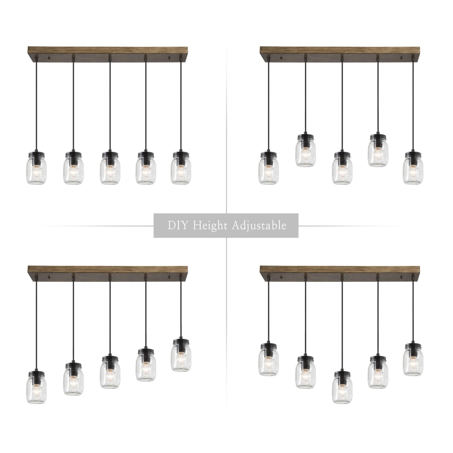 Modern Mason Jar Chandelier Light, 5-Light Black Linear Island Pendant Light with Faux Wood Accent