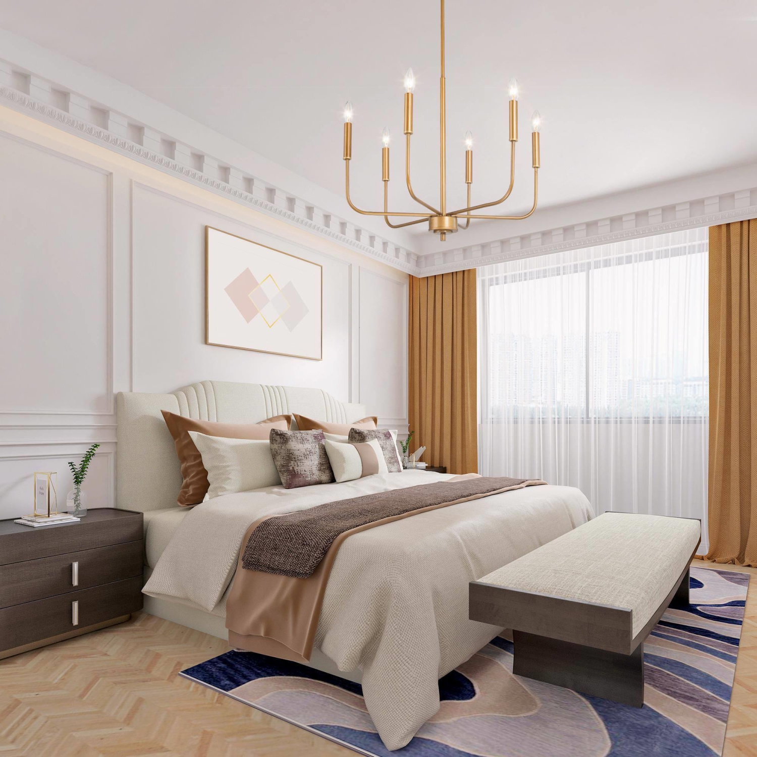 Modern Dark Gold Bedroom Chandelier, 6-Light Farmhouse Antique Gold Candlestick Ding Room Chandelier