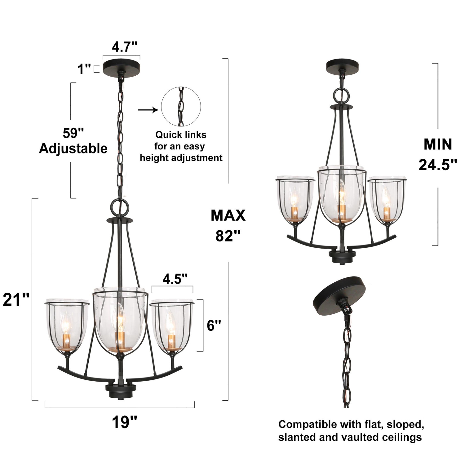 Modern Industrial Black Island Chandelier, 3-Light Farmhouse Gold Candlestick Chandelier Light with Clear Glass Shade