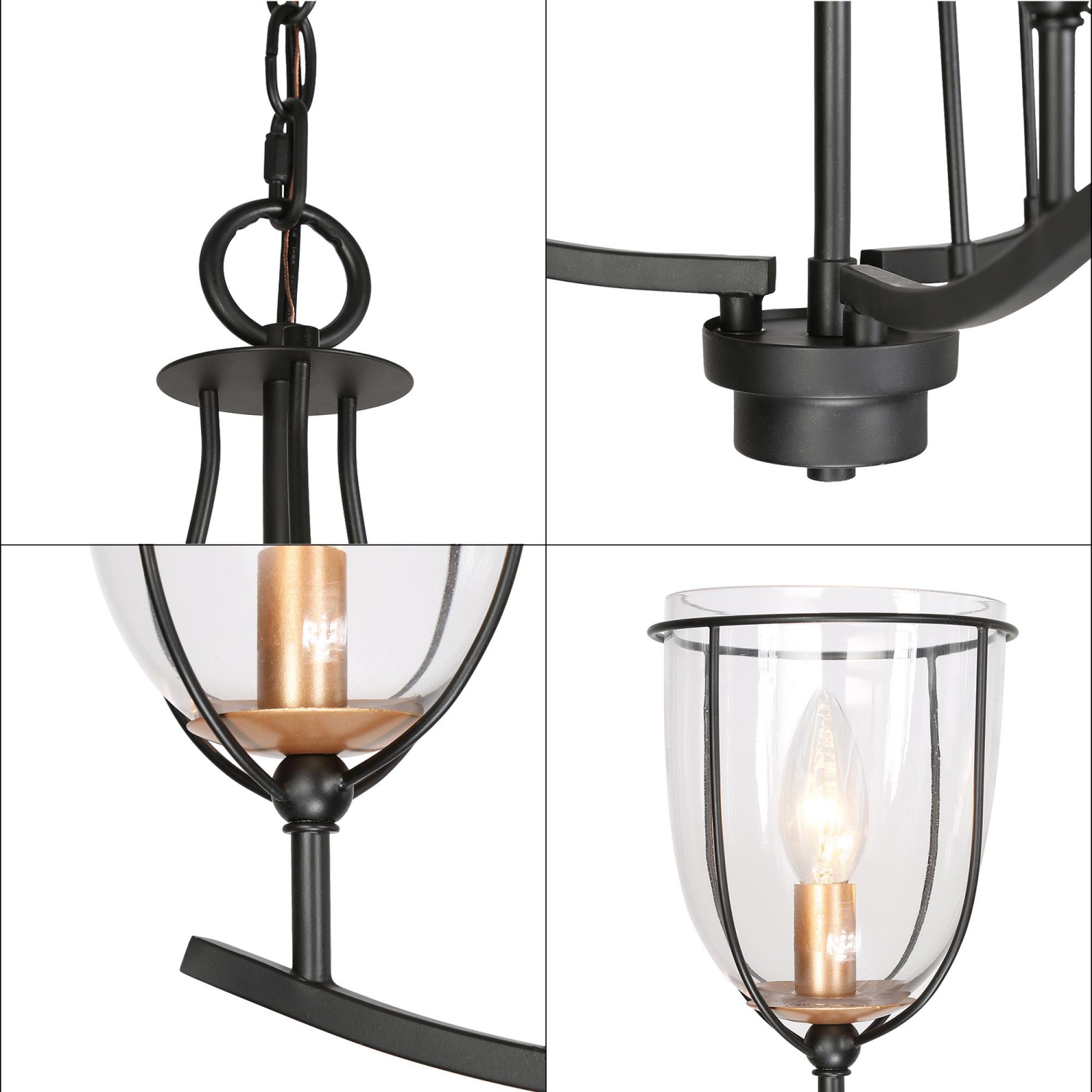 Modern Industrial Black Island Chandelier, 3-Light Farmhouse Gold Candlestick Chandelier Light with Clear Glass Shade