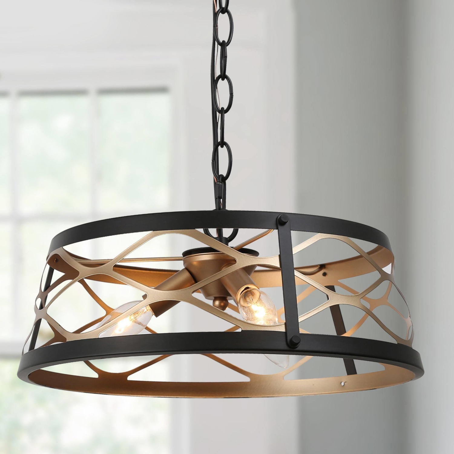 Modern Farmhouse Drum Chandelier, 3-Light Dining Room Chandelier Pendant Light with Cage Shape