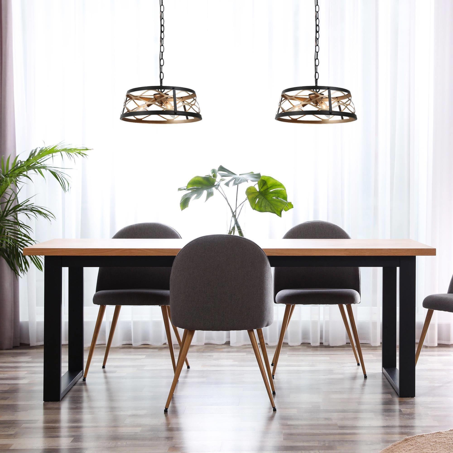 Modern Farmhouse Drum Chandelier, 3-Light Dining Room Chandelier Pendant Light with Cage Shape