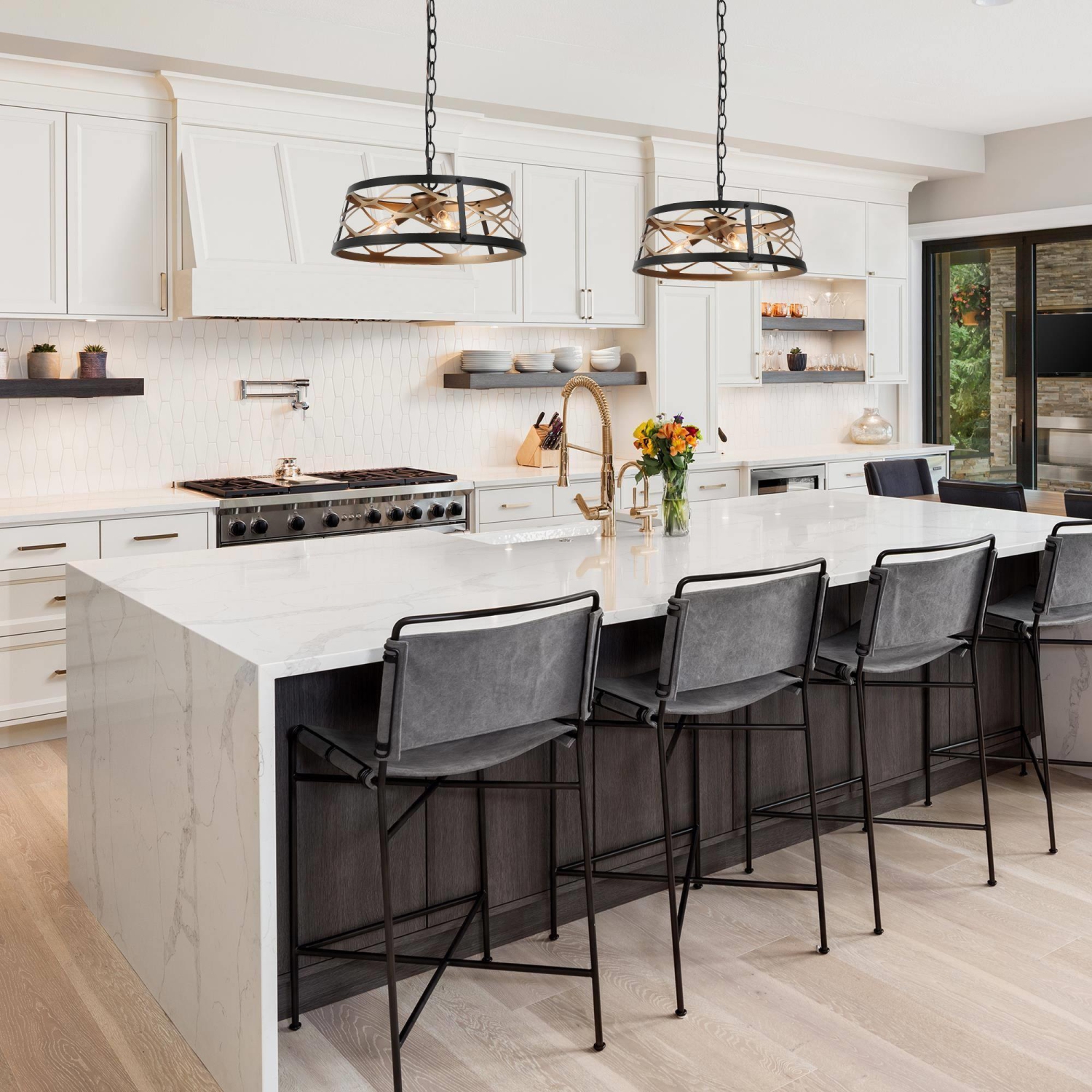 Modern Farmhouse Drum Chandelier, 3-Light Dining Room Chandelier Pendant Light with Cage Shape