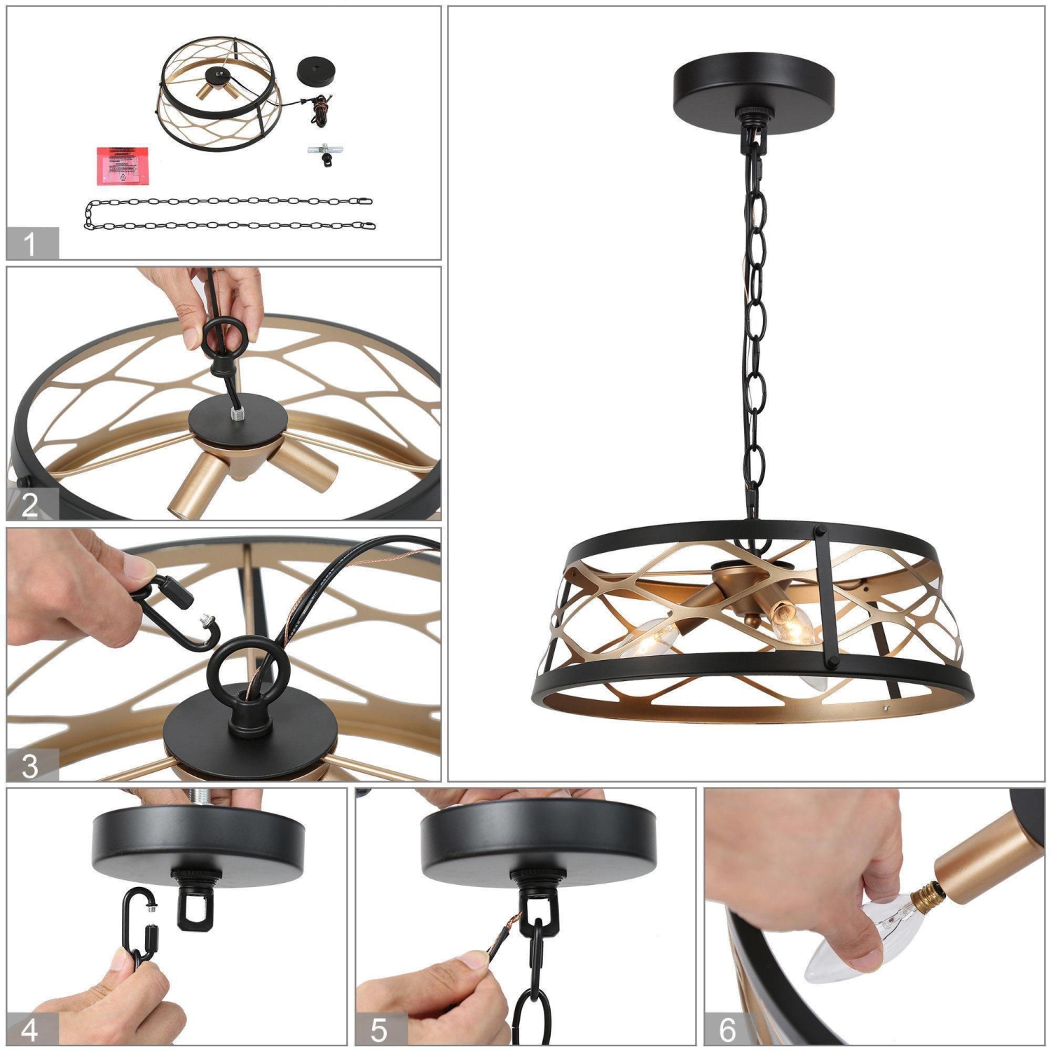 Modern Farmhouse Drum Chandelier, 3-Light Dining Room Chandelier Pendant Light with Cage Shape