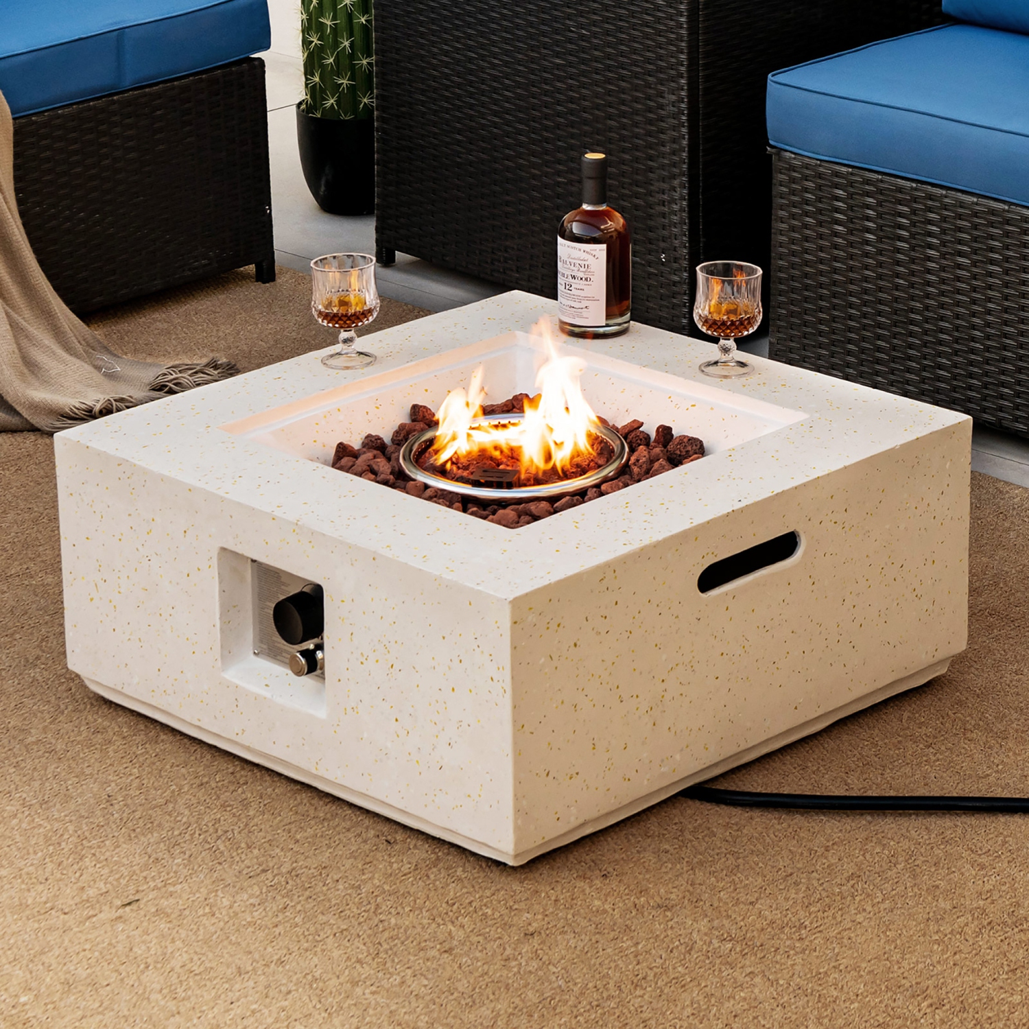 Costway 28" Terrazzo Fire Pit Table 40,000 BTU Square Propane Gas Fire Pit with PVC Cover
