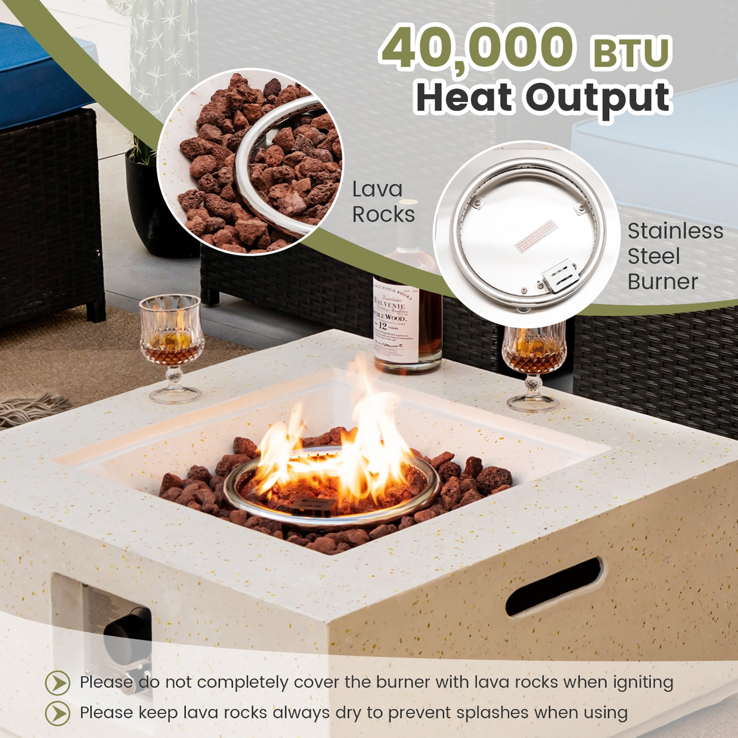Costway 28" Terrazzo Fire Pit Table 40,000 BTU Square Propane Gas Fire Pit with PVC Cover
