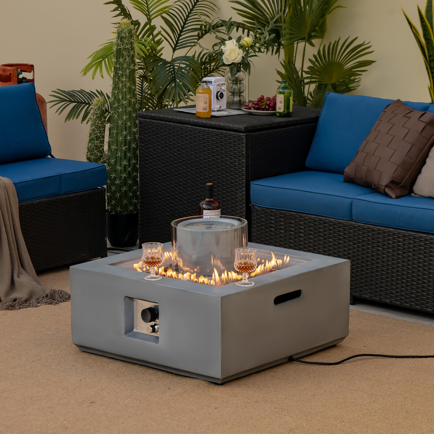 Costway 28" Patio Fountain Fire Pit Table 50,000 BTU Square Propane Fire Pit withPVC Cover