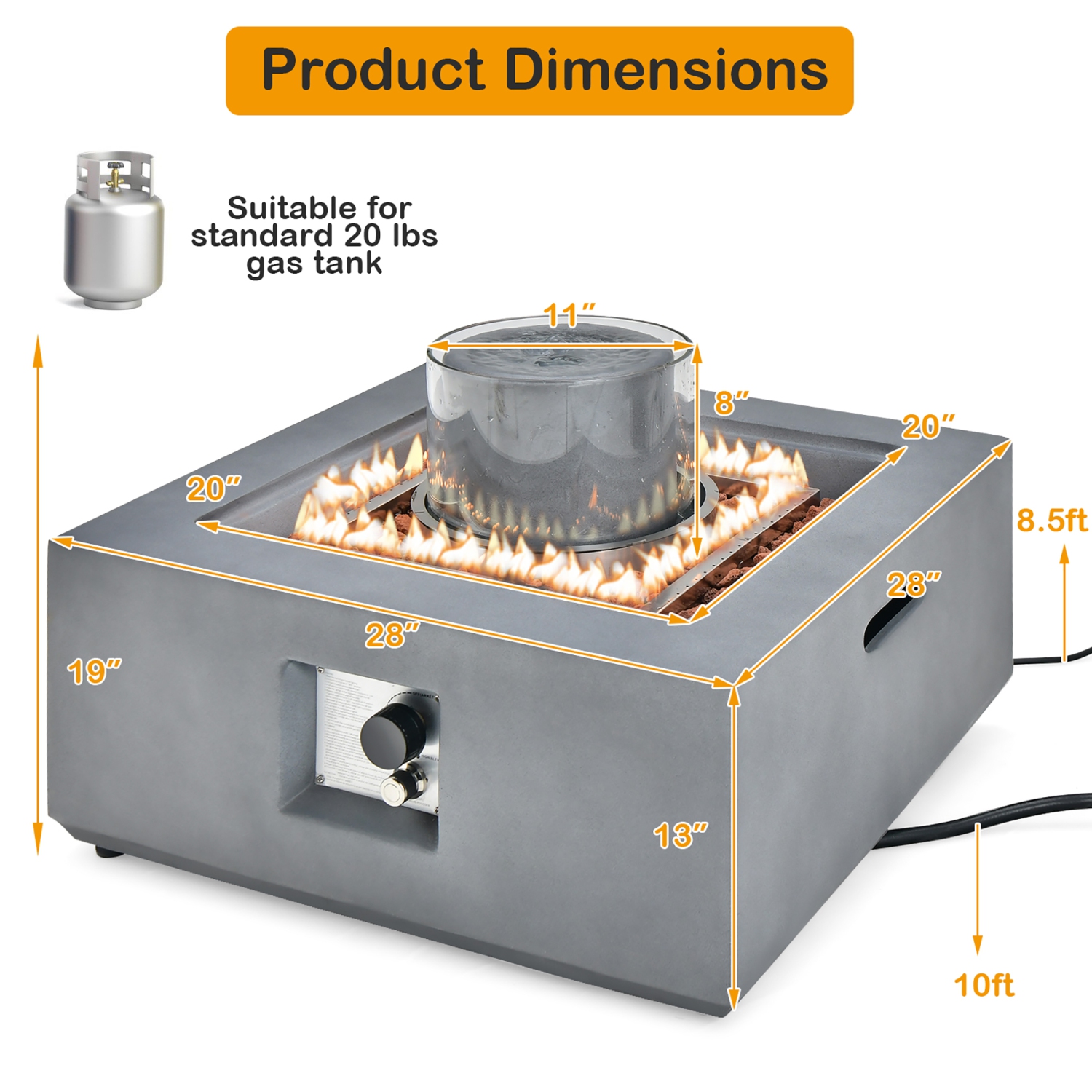 Costway 28" Patio Fountain Fire Pit Table 50,000 BTU Square Propane Fire Pit withPVC Cover