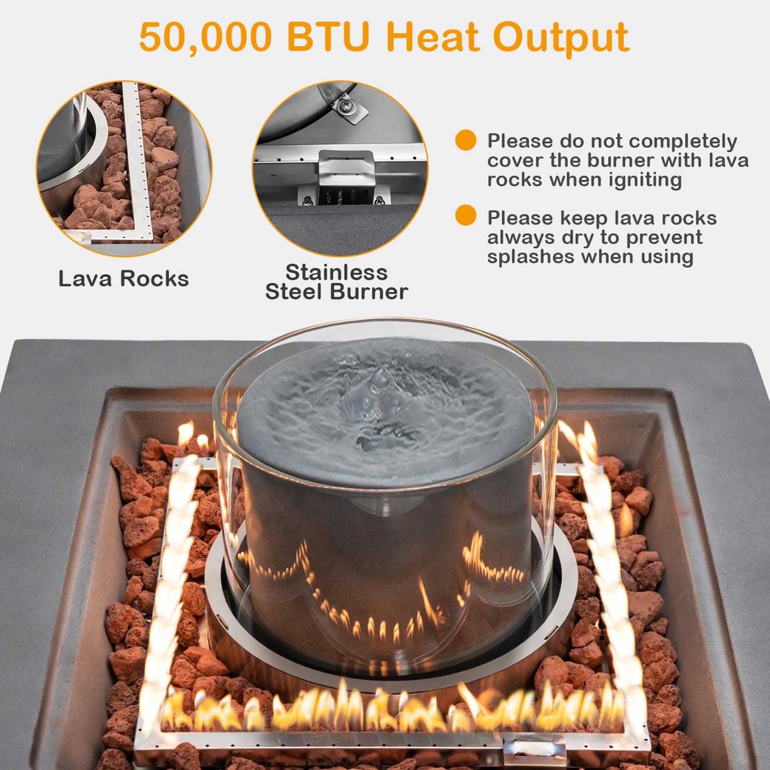 Costway 28" Patio Fountain Fire Pit Table 50,000 BTU Square Propane Fire Pit withPVC Cover