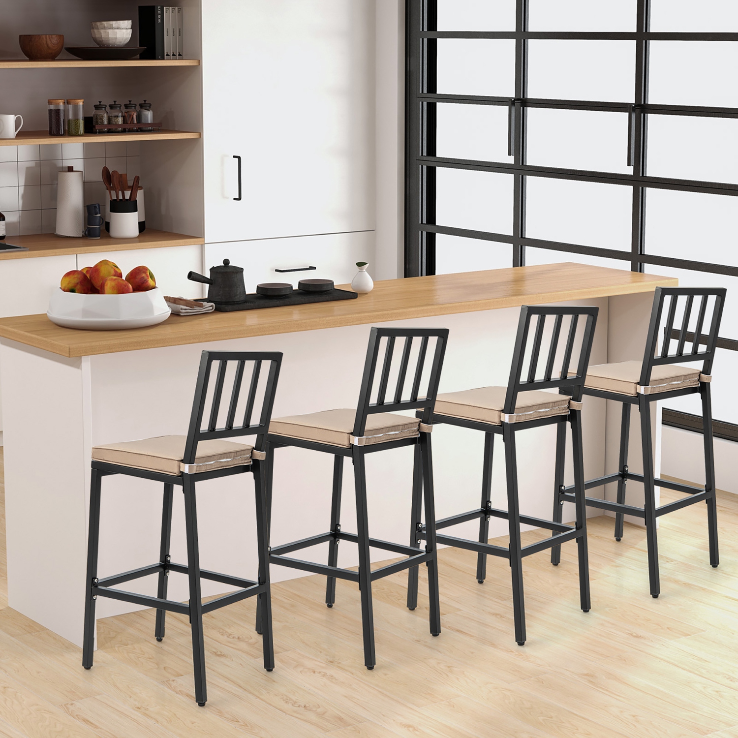 Costway Set of 2 Patio Metal Bar Stools Outdoor Bar Height Dining Chairs with Cushion