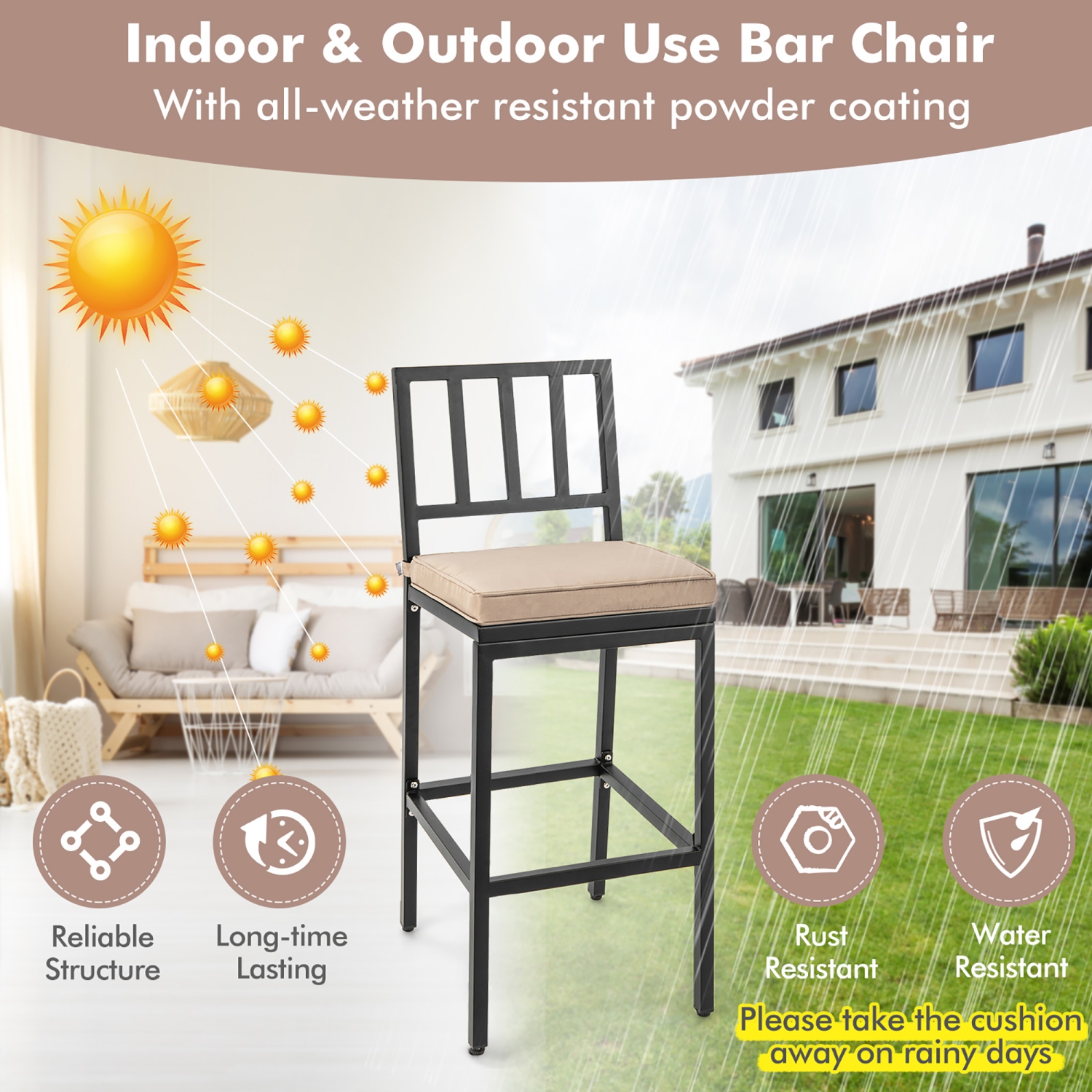 Costway Set of 2 Patio Metal Bar Stools Outdoor Bar Height Dining Chairs with Cushion