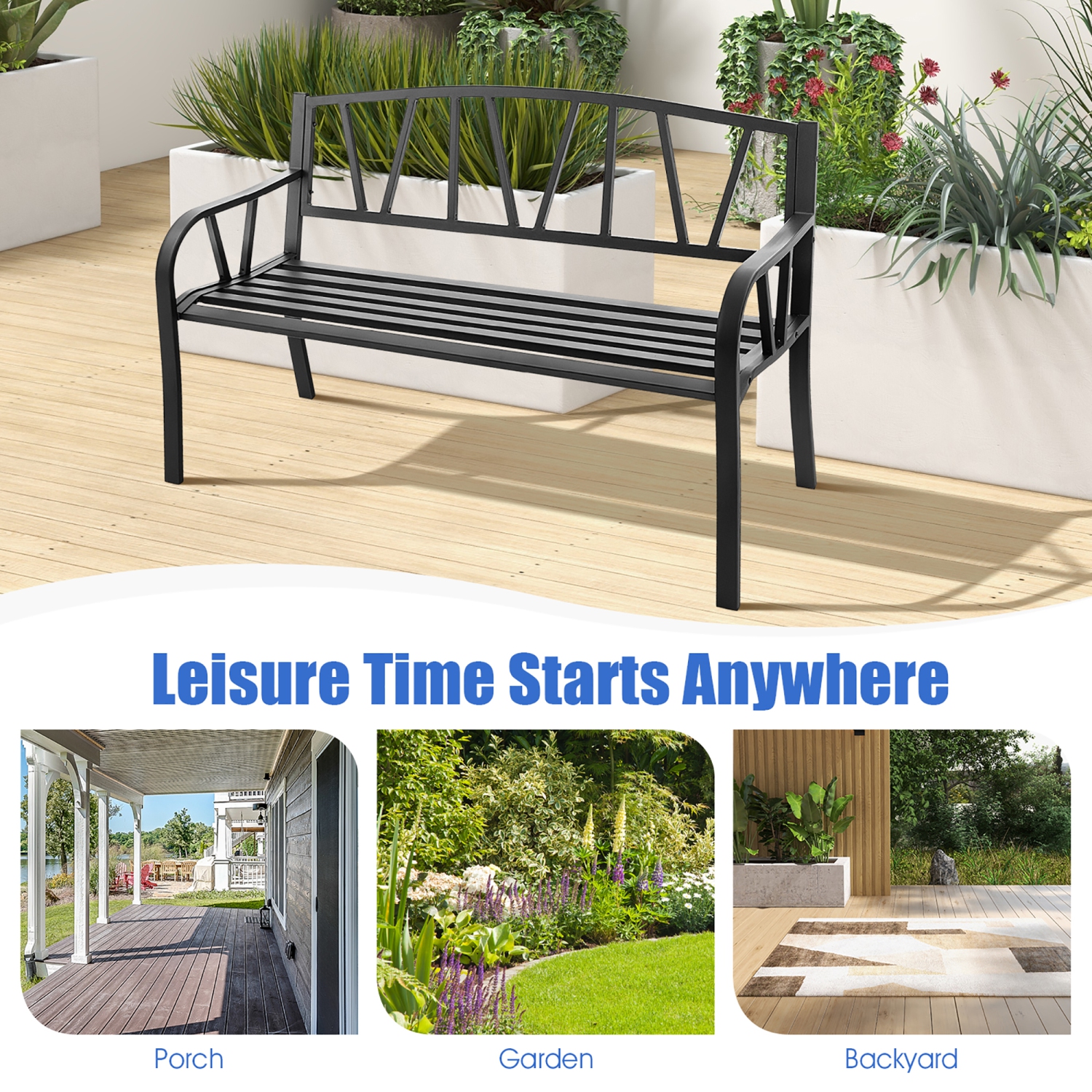 Costway Outdoor Patio Garden Bench Metal Frame with Ergonomic Armrest 660 Lbs Max Load