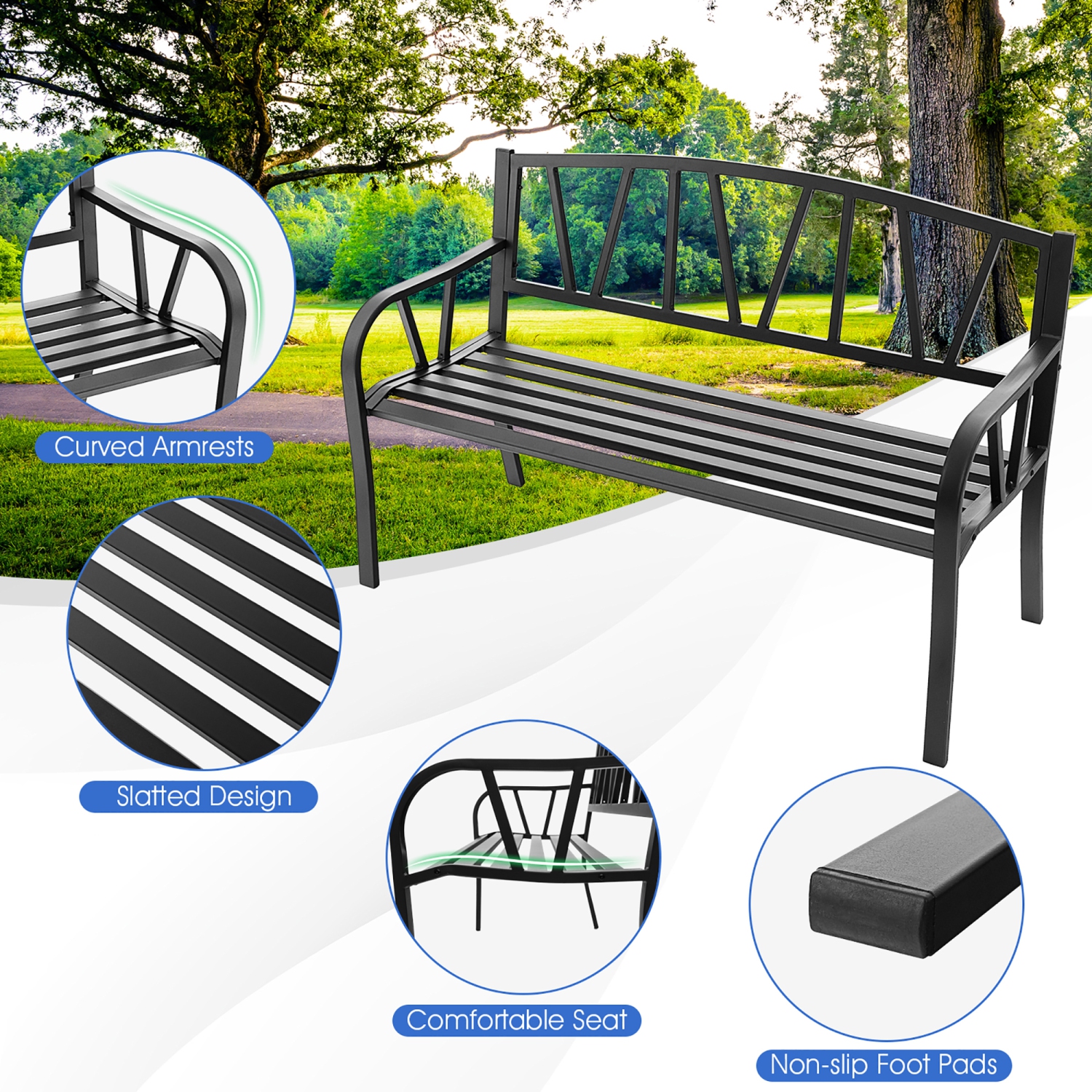 Costway Outdoor Patio Garden Bench Metal Frame with Ergonomic Armrest 660 Lbs Max Load