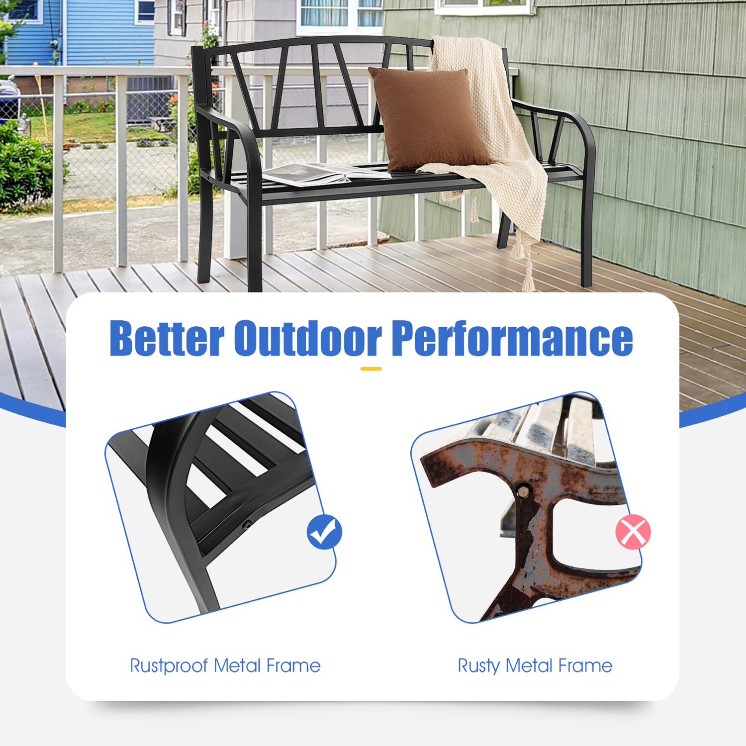 Costway Outdoor Patio Garden Bench Metal Frame with Ergonomic Armrest 660 Lbs Max Load