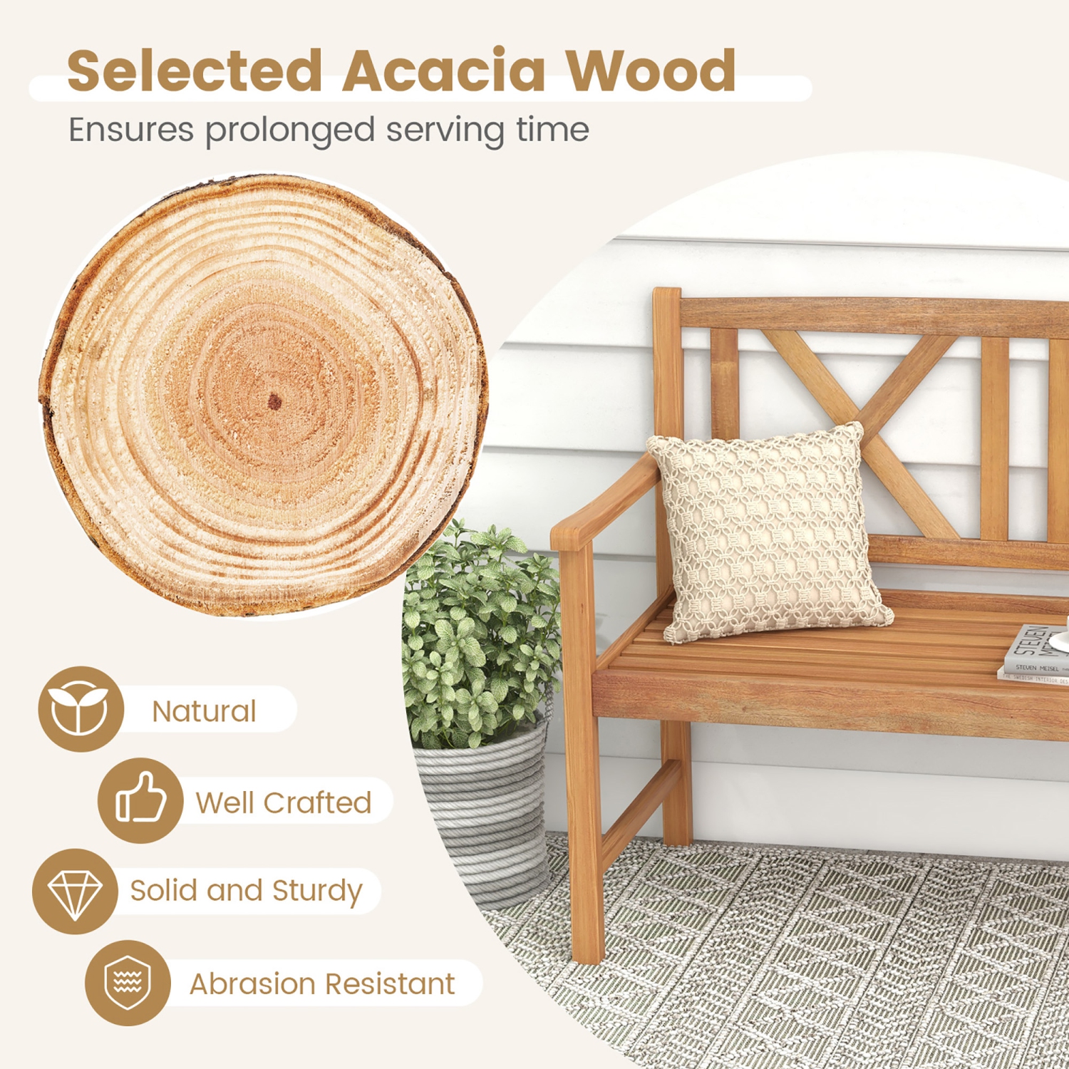 Costway Patio Acacia Wood 2-Person Slatted Bench Outdoor Loveseat Chair Garden Natural