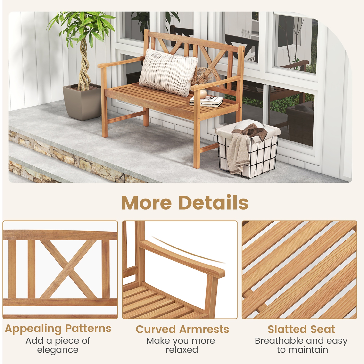 Costway Patio Acacia Wood 2-Person Slatted Bench Outdoor Loveseat Chair Garden Natural