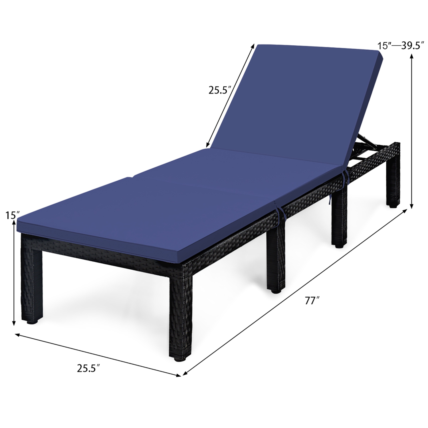 Costway Patio Rattan Lounge Chair Chaise Recliner Adjust Cushion Navy & Off White Cover