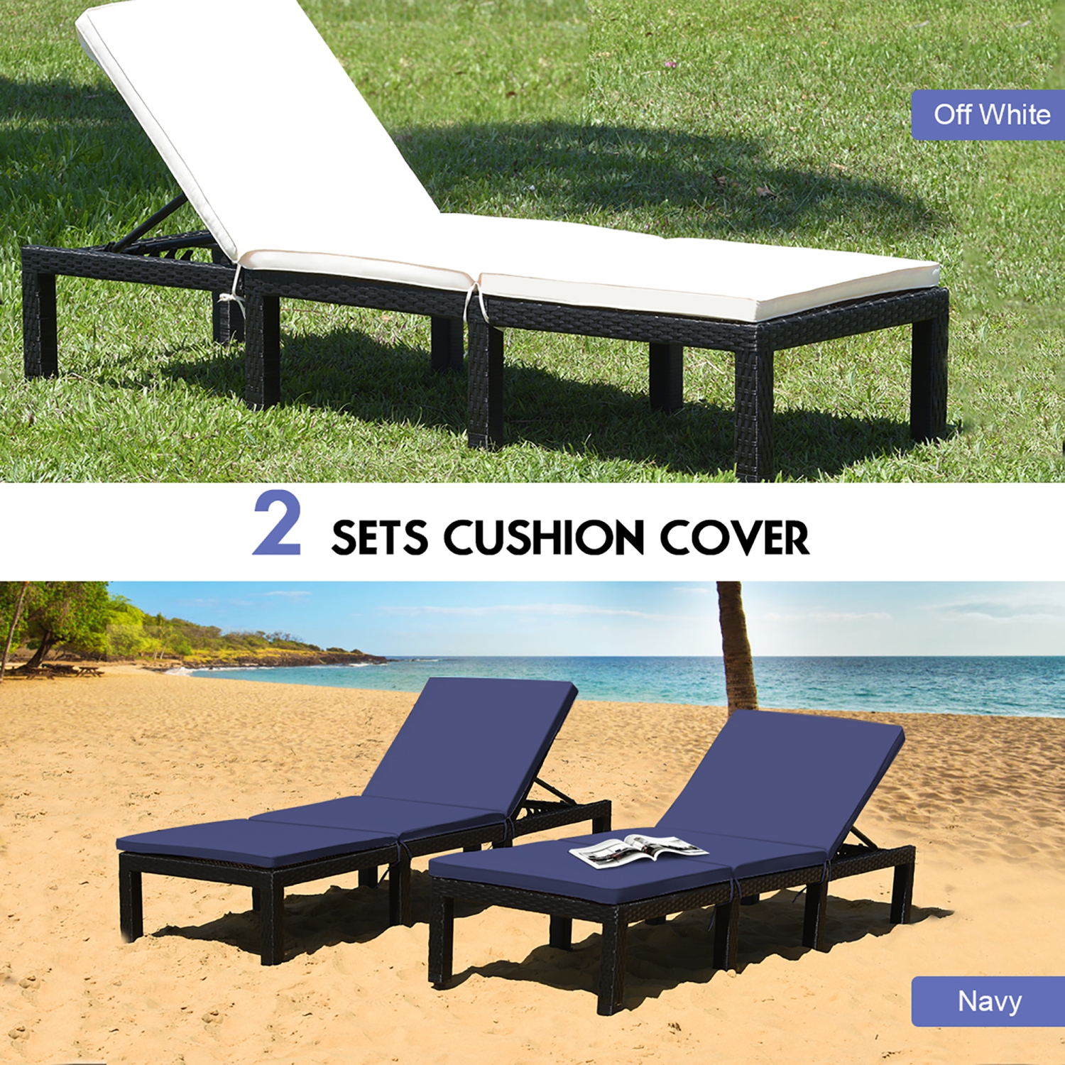 Costway Patio Rattan Lounge Chair Chaise Recliner Adjust Cushion Navy & Off White Cover