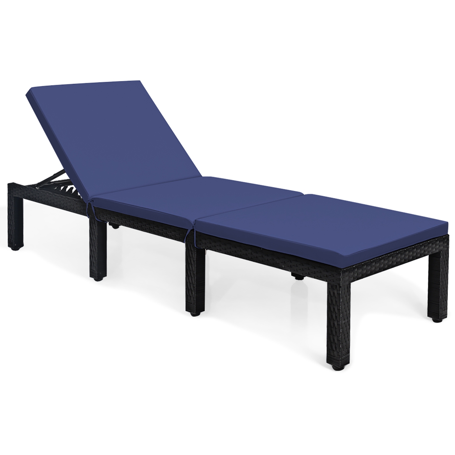 Costway Patio Rattan Lounge Chair Chaise Recliner Adjust Cushion Navy & Off White Cover