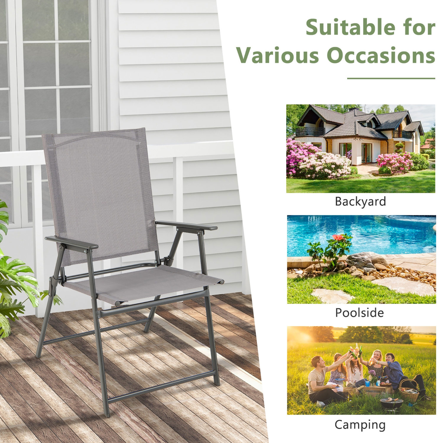 Costway 4pcs Patio Folding Portable Dining Chairs Metal Frame Armrests Garden Outdoor
