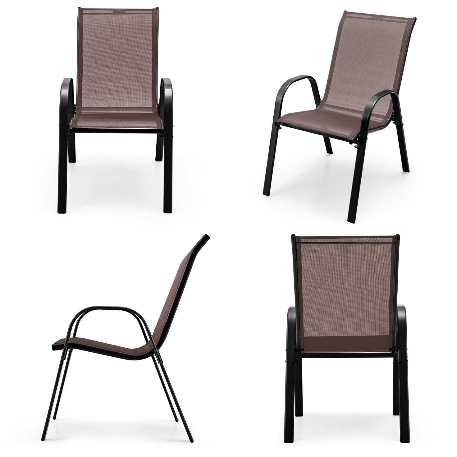 Costway Set of 4 Patio Dining Chairs Stackable Armrest Space Saving Garden Brown/Grey