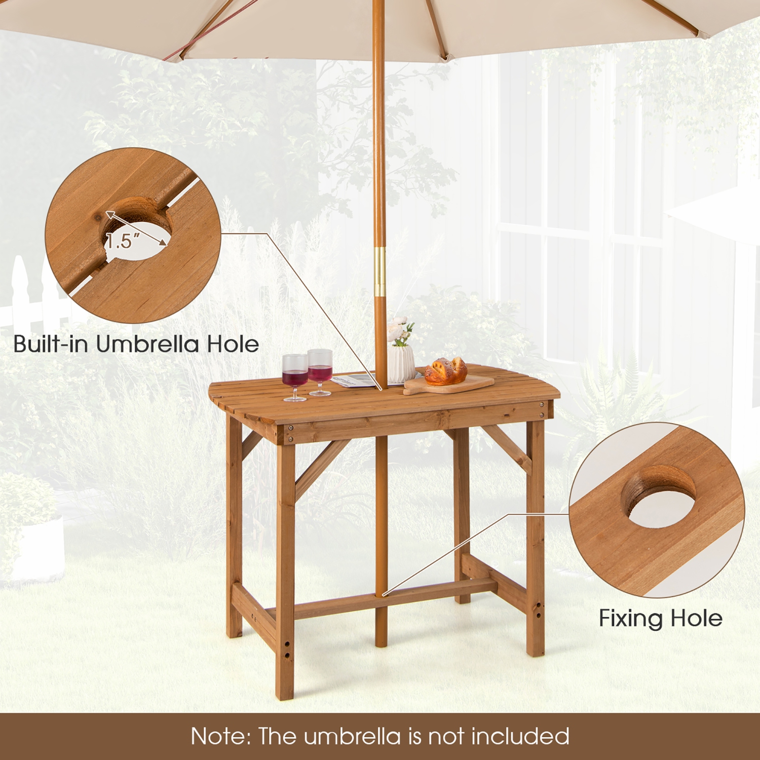 Costway Patio Outdoor Fir Wood Dining Table 1.5" Umbrella Hole Backyard Garden Natural