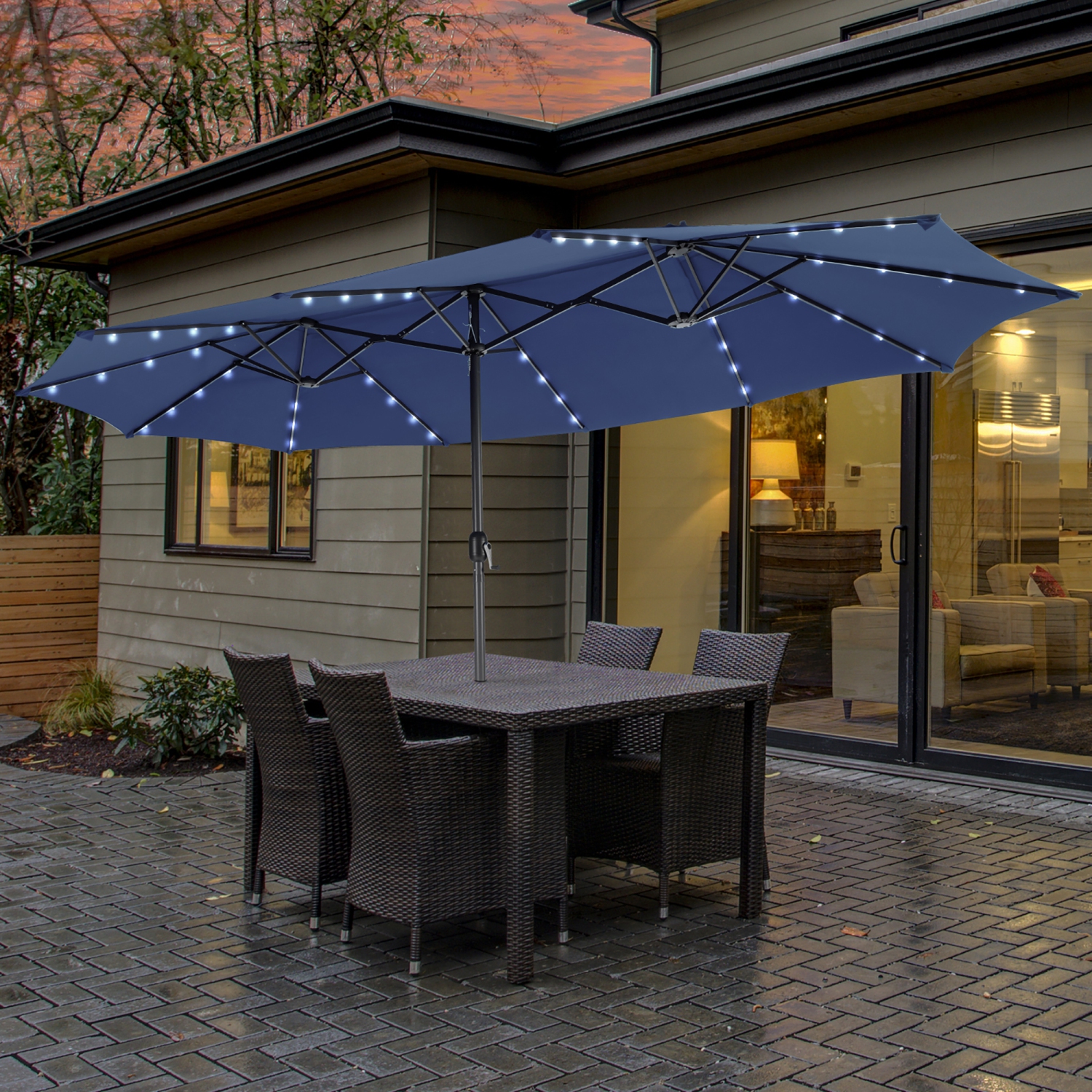 Costway 15FT Twin Patio Double-Sided Umbrella 48 Solar LED Lights Crank Outdoor