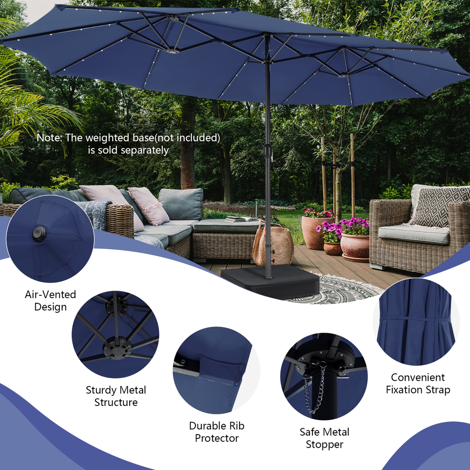 Costway 15FT Twin Patio Double-Sided Umbrella 48 Solar LED Lights Crank Outdoor