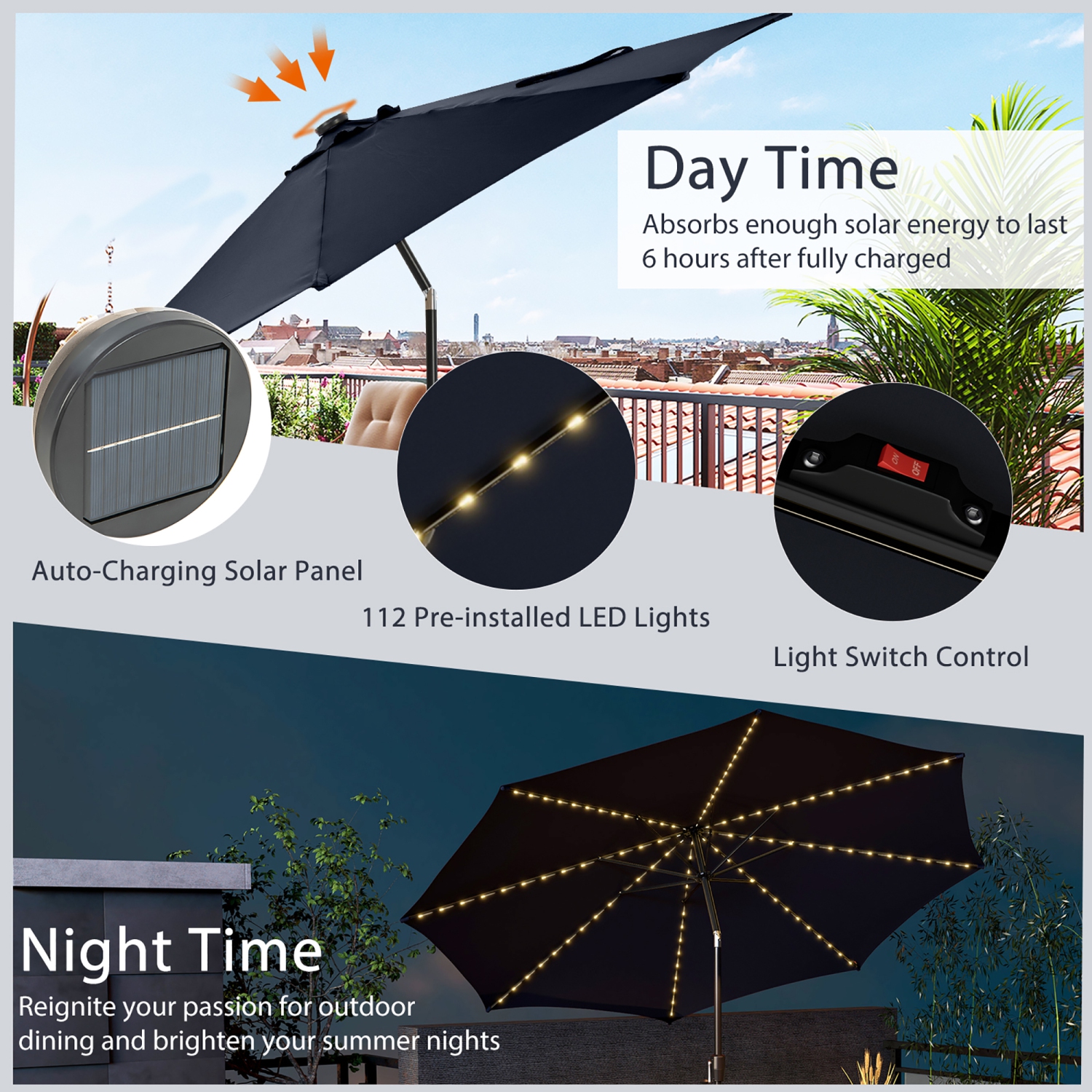 Costway 10 FT 112 LED Solar-Lighted Patio Table Market Umbrella Crank Tilt Outdoor